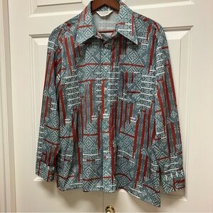 Vintage Sears The Men’s Store 70s bold polyester shirt, green, rust, 17 1/2”